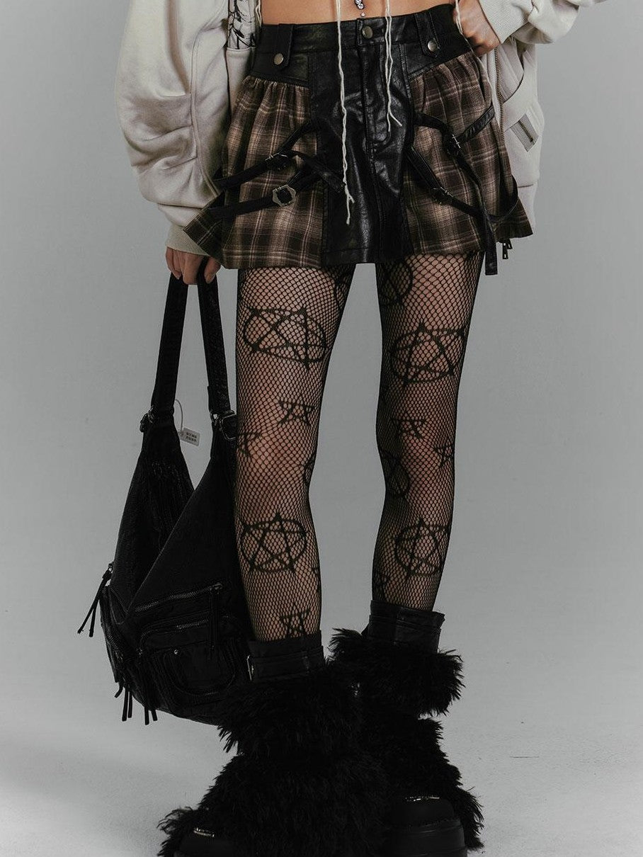 YUKAHOUSE Vintage Plaid Patchwork Pu Leather A Line Women's Polyester Mini Skirts
