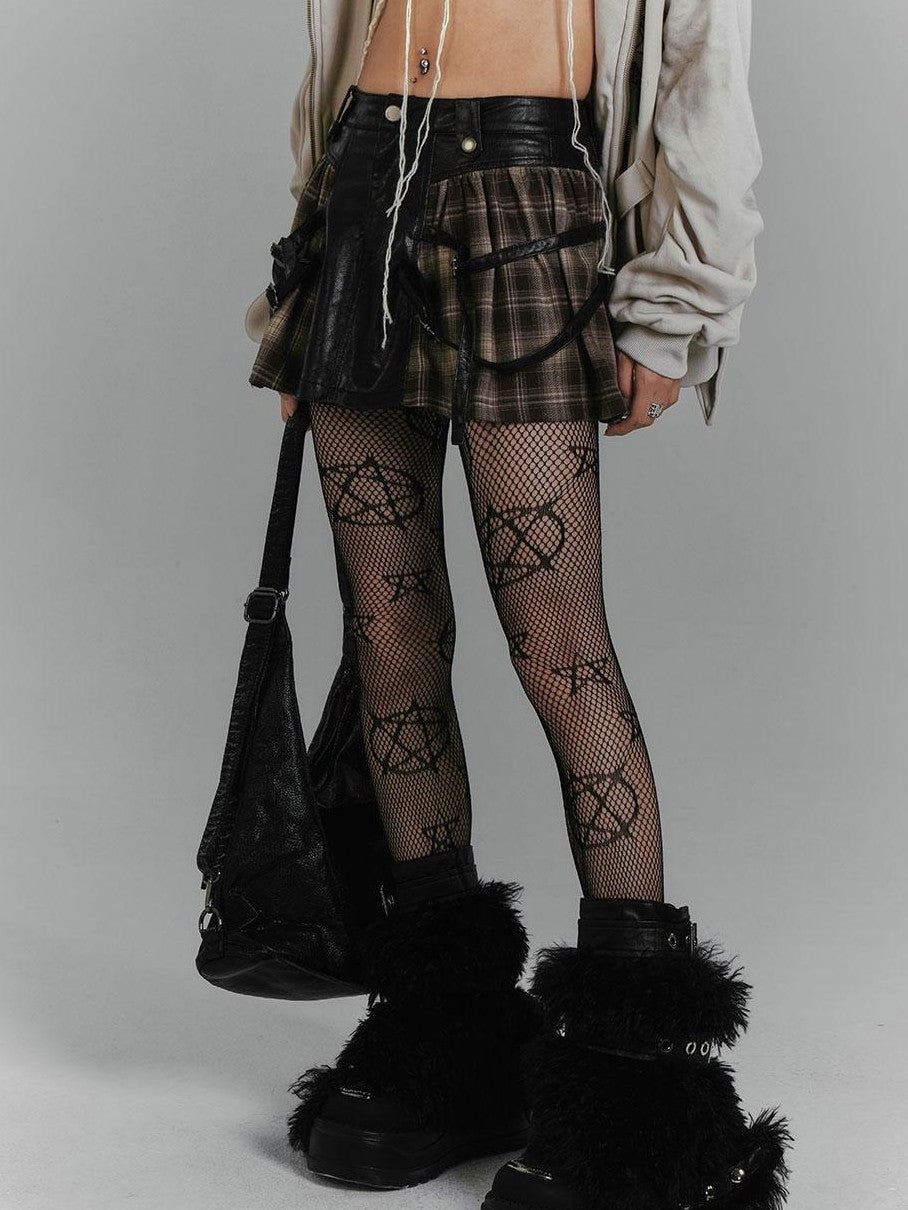 YUKAHOUSE Vintage Plaid Patchwork Pu Leather A Line Women's Polyester Mini Skirts