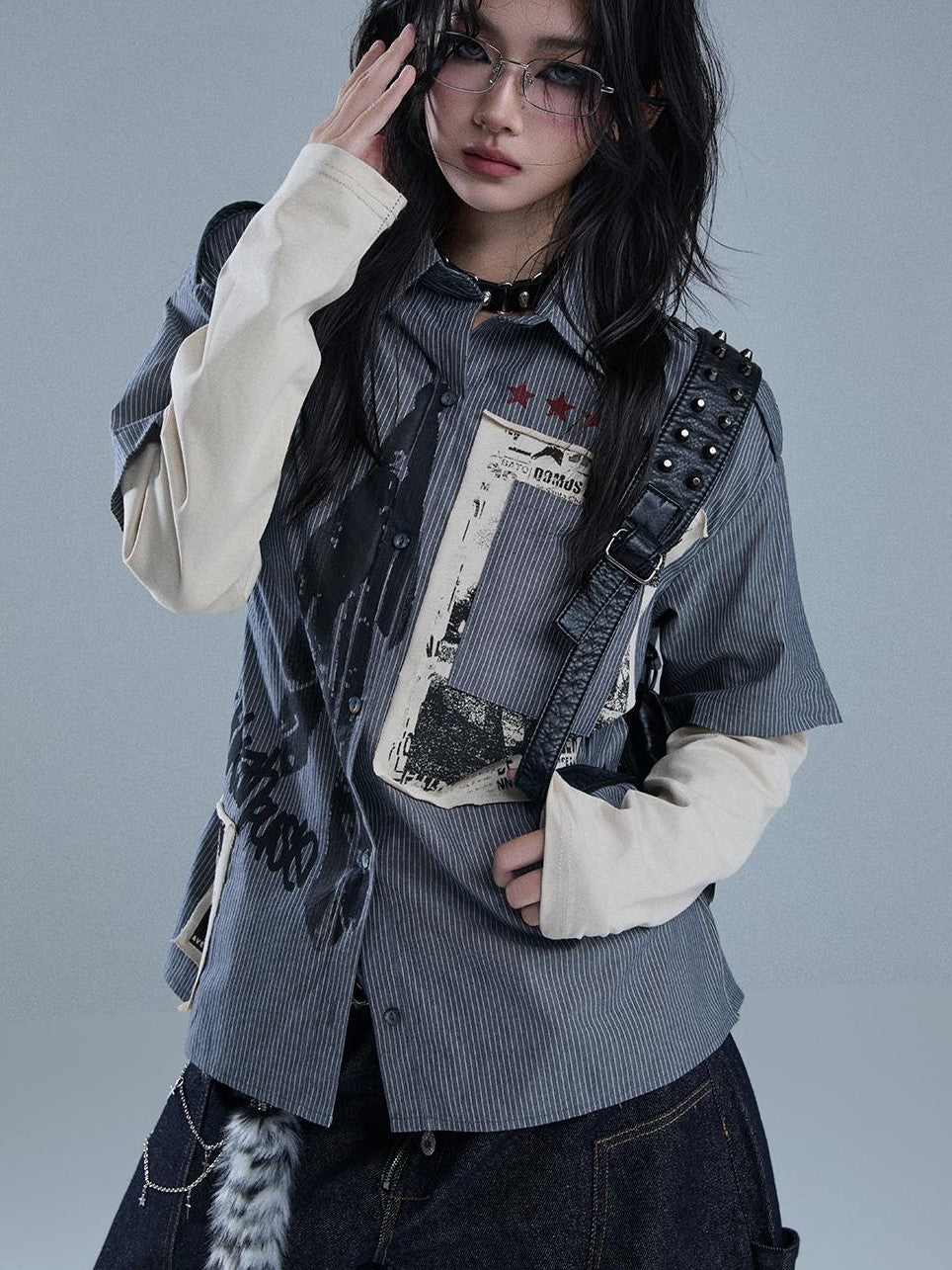 YUKAHOUSE Vintage Rock Patchwork Faux Two Piece Women's Cotton Long Sleeve T-shirts