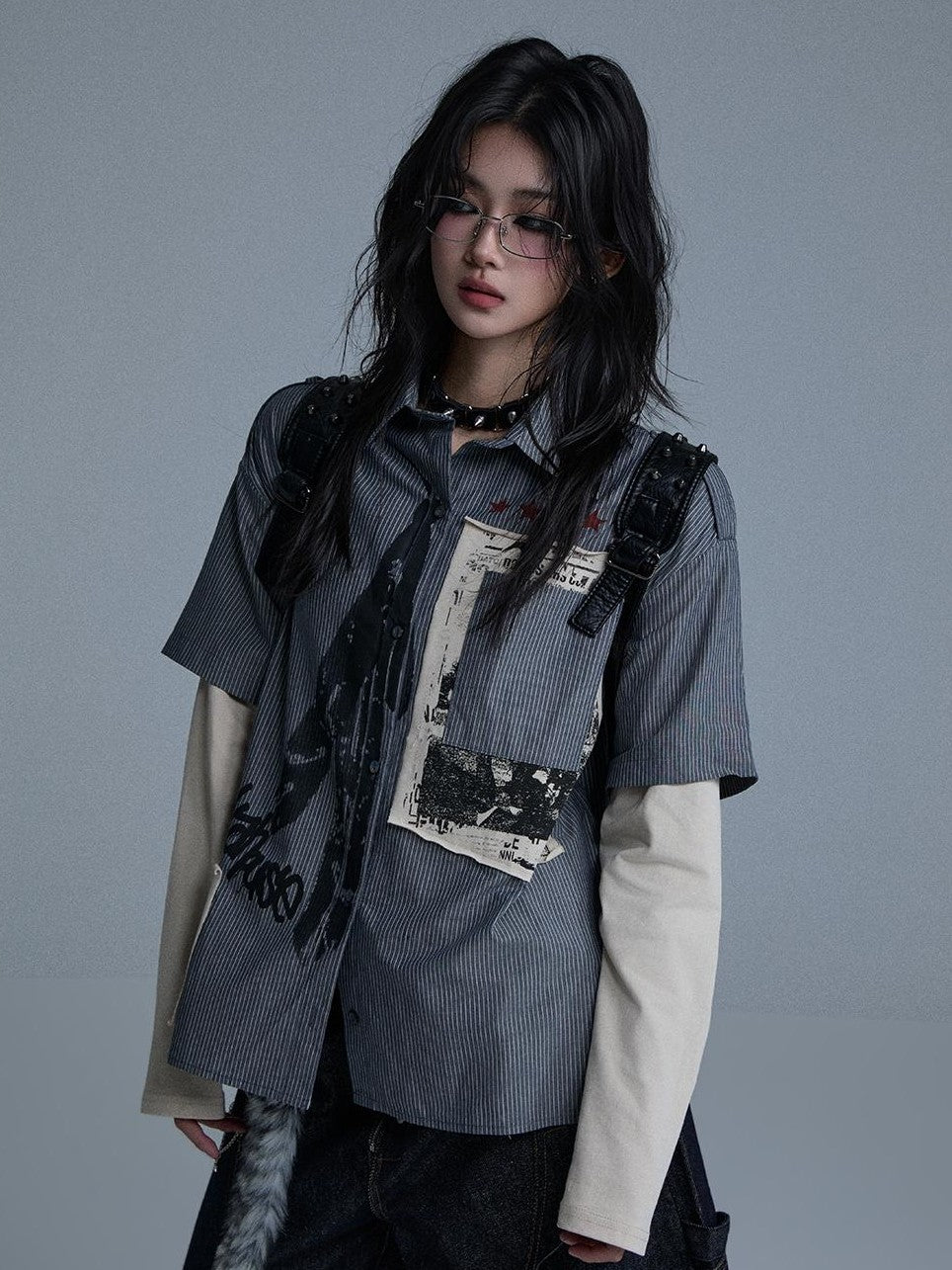 YUKAHOUSE Vintage Rock Patchwork Faux Two Piece Women's Cotton Long Sleeve T-shirts