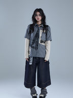 YUKAHOUSE Vintage Rock Patchwork Faux Two Piece Women's Cotton Long Sleeve T-shirts