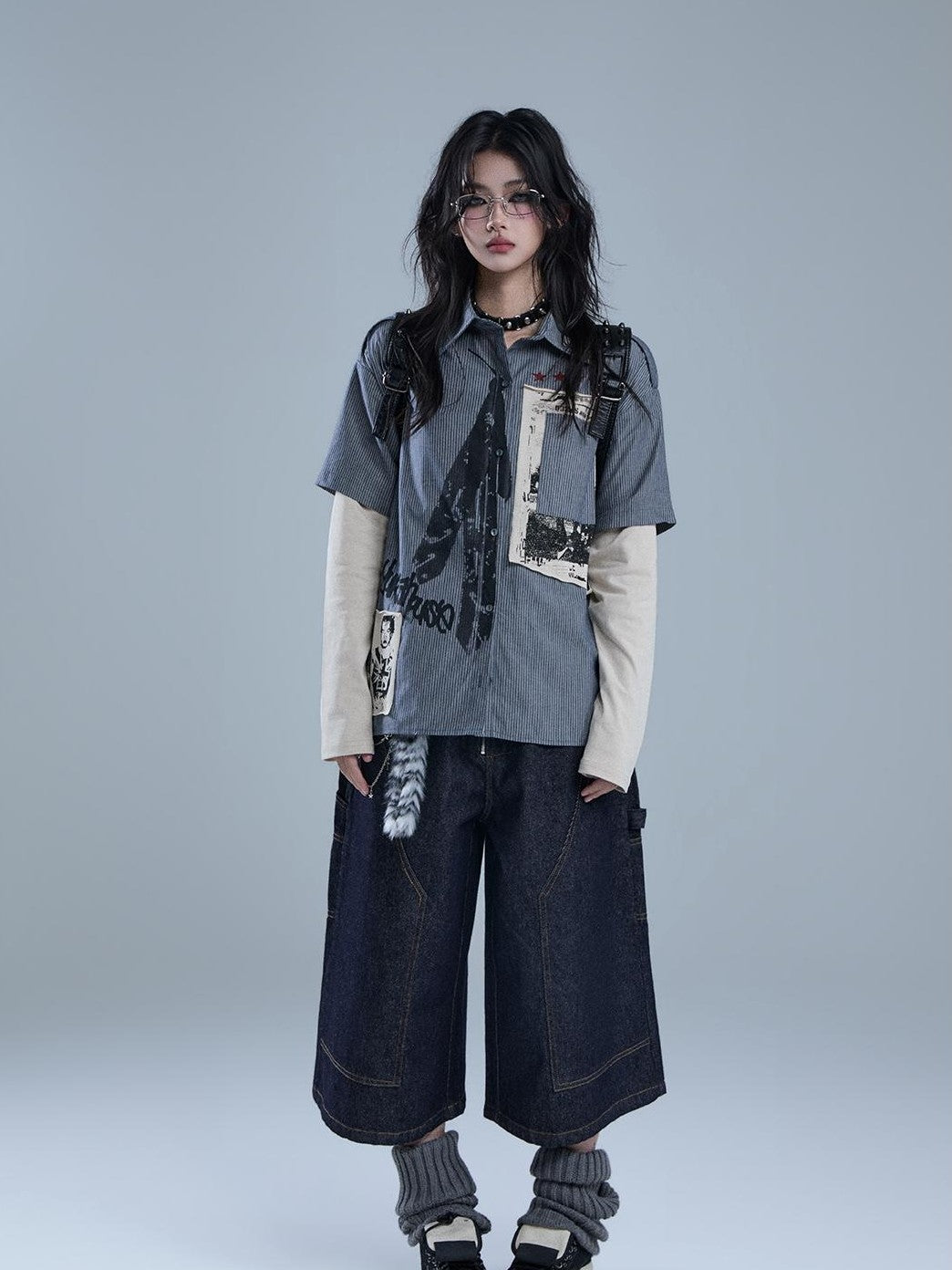 YUKAHOUSE Vintage Rock Patchwork Faux Two Piece Women's Cotton Long Sleeve T-shirts