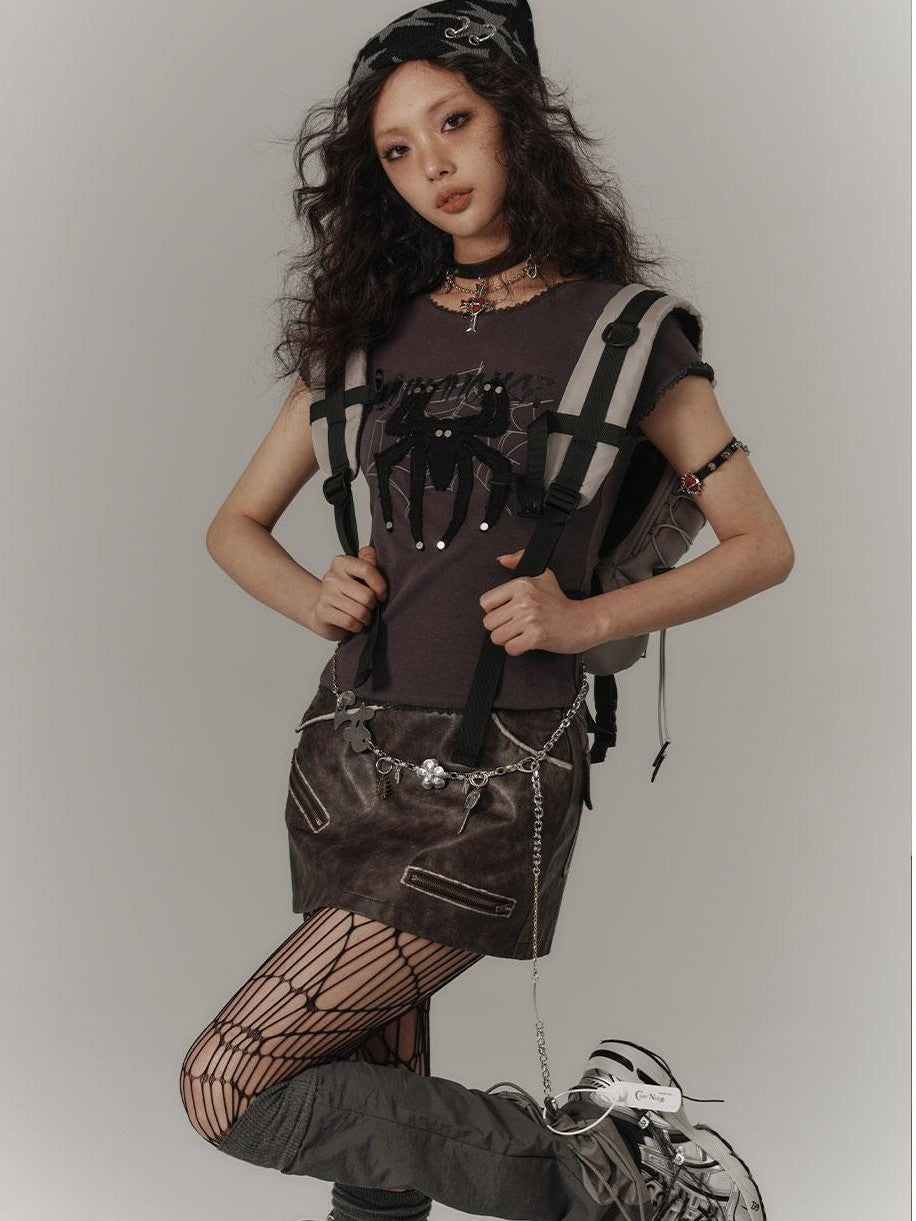 YUKAHOUSE Vintage Spider Print Slim Fit Cotton Women's Short Sleeve T-shirts