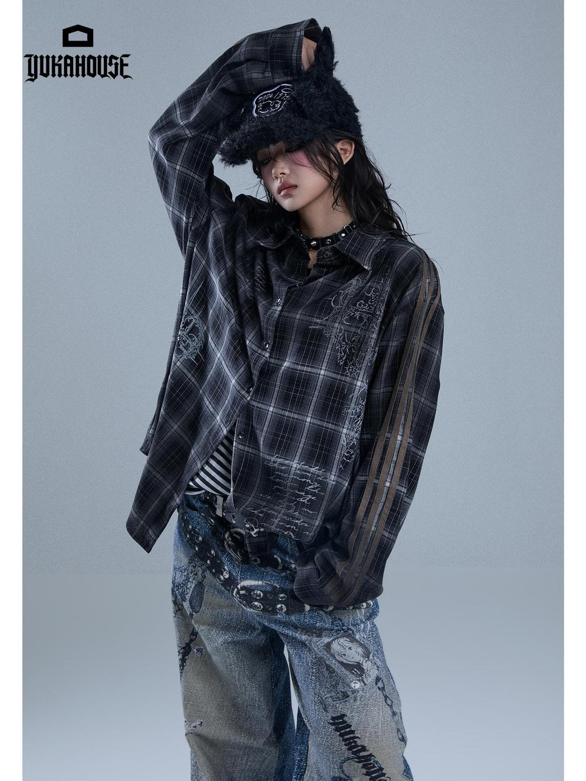 YUKAHOUSE Vintage Striped Plaid Print Patchwork Women's Polyester Long Sleeve Shirts