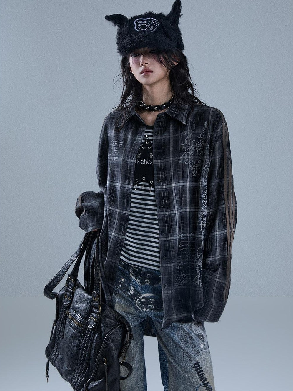 YUKAHOUSE Vintage Striped Plaid Print Patchwork Women's Polyester Long Sleeve Shirts