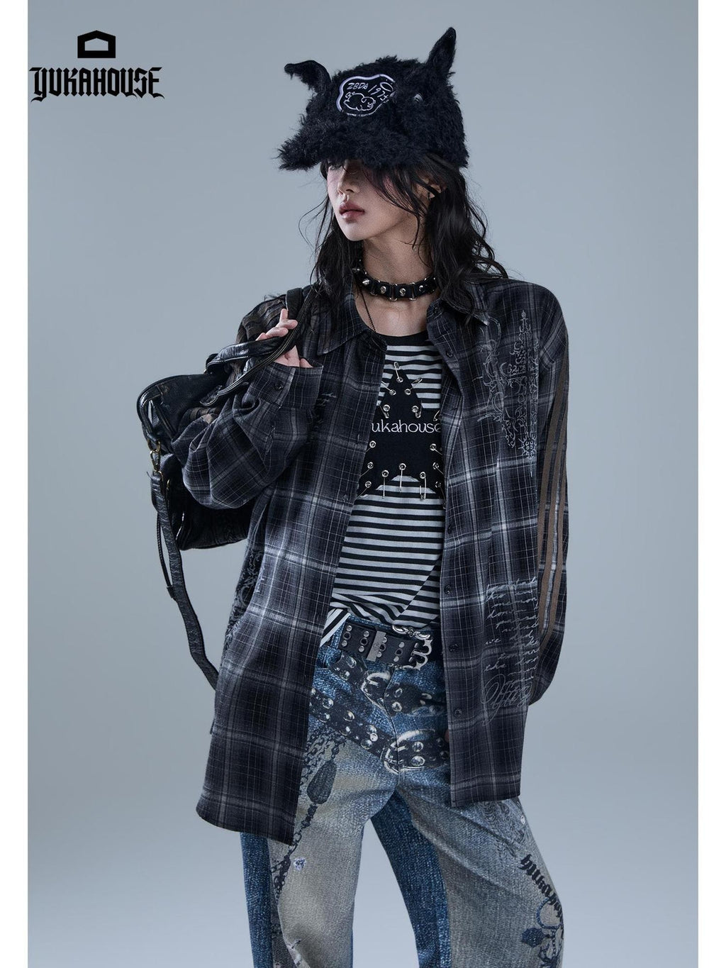 YUKAHOUSE Vintage Striped Plaid Print Patchwork Women's Polyester Long Sleeve Shirts