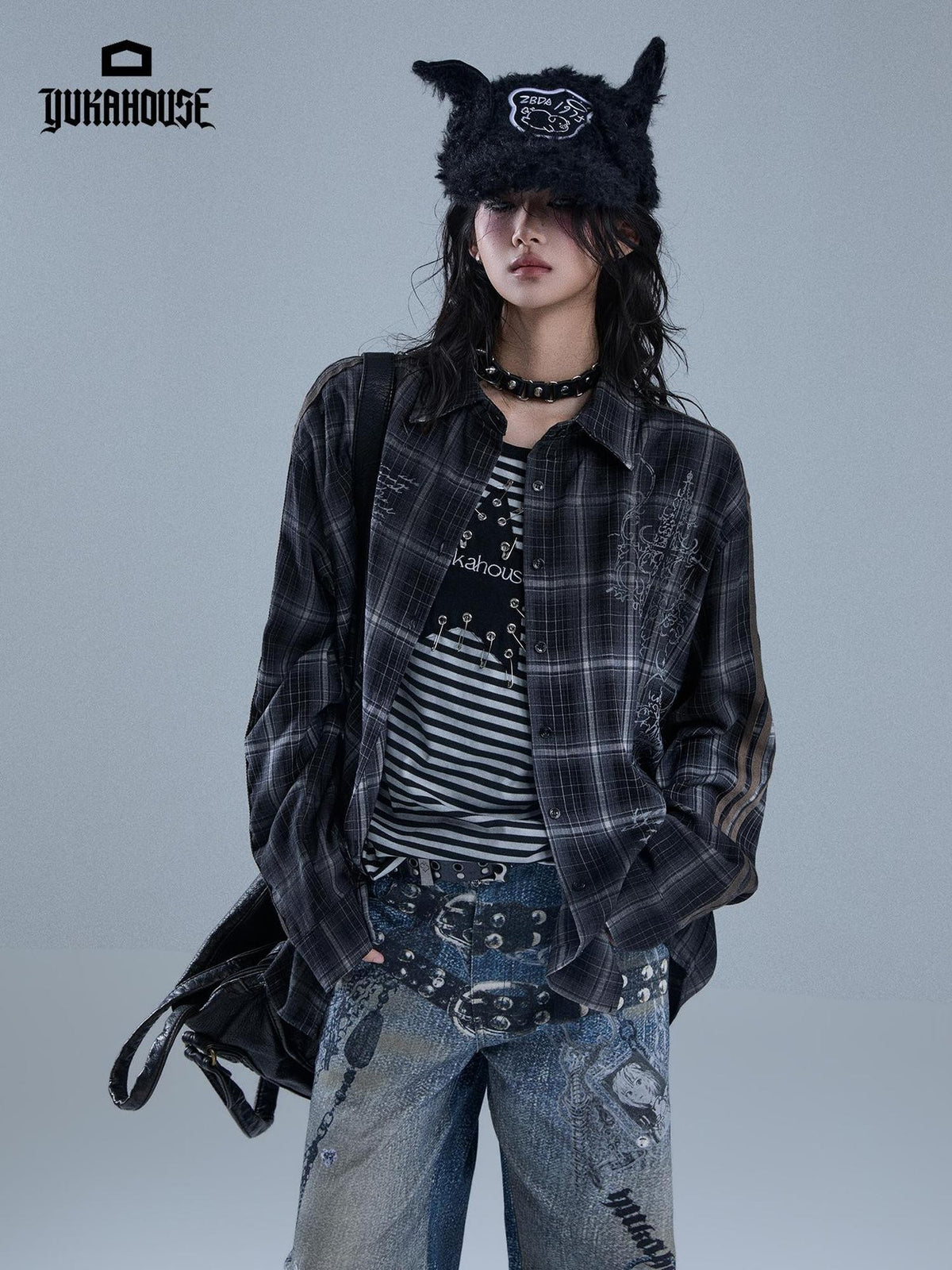 YUKAHOUSE Vintage Striped Plaid Print Patchwork Women's Polyester Long Sleeve Shirts