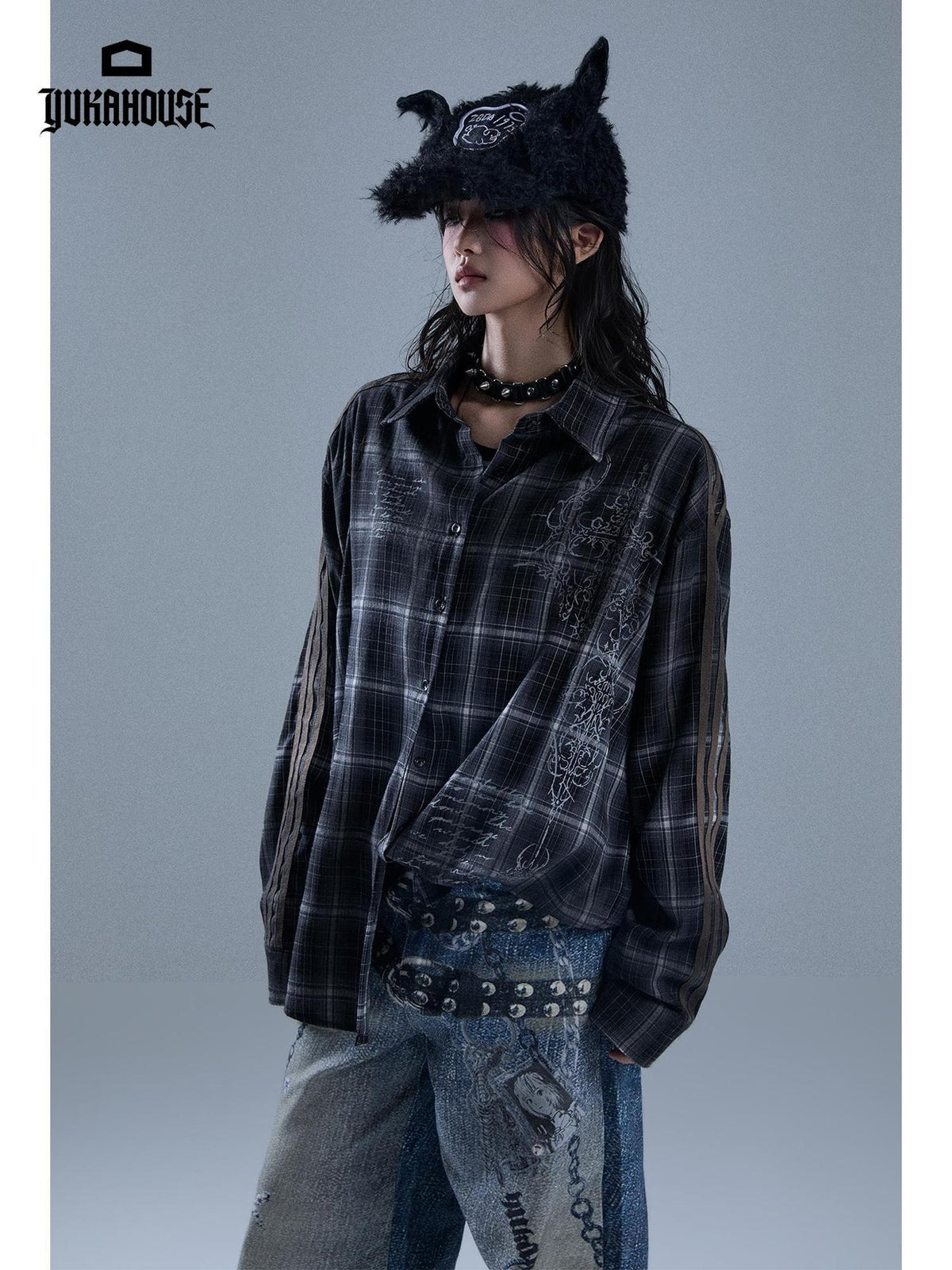 YUKAHOUSE Vintage Striped Plaid Print Patchwork Women's Polyester Long Sleeve Shirts