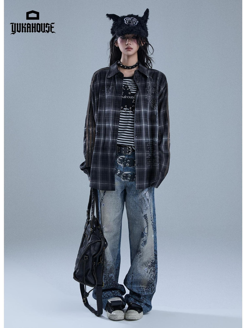 YUKAHOUSE Vintage Striped Plaid Print Patchwork Women's Polyester Long Sleeve Shirts