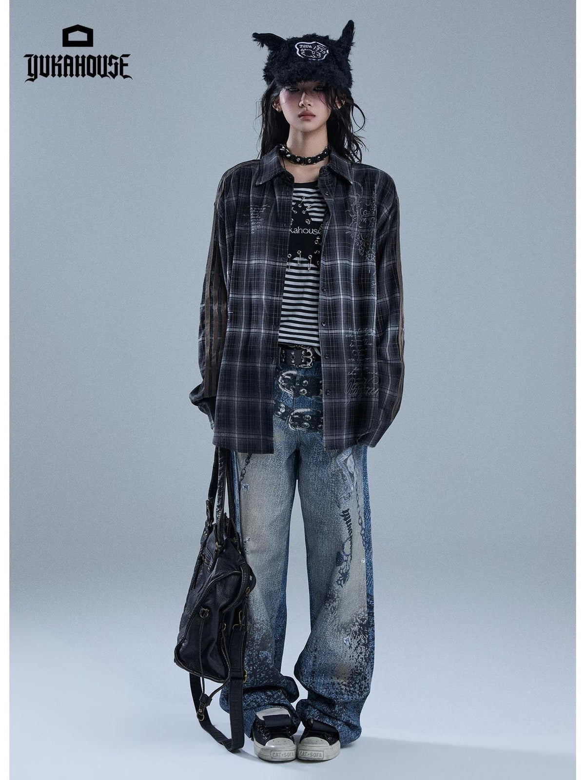 YUKAHOUSE Vintage Striped Plaid Print Patchwork Women's Polyester Long Sleeve Shirts