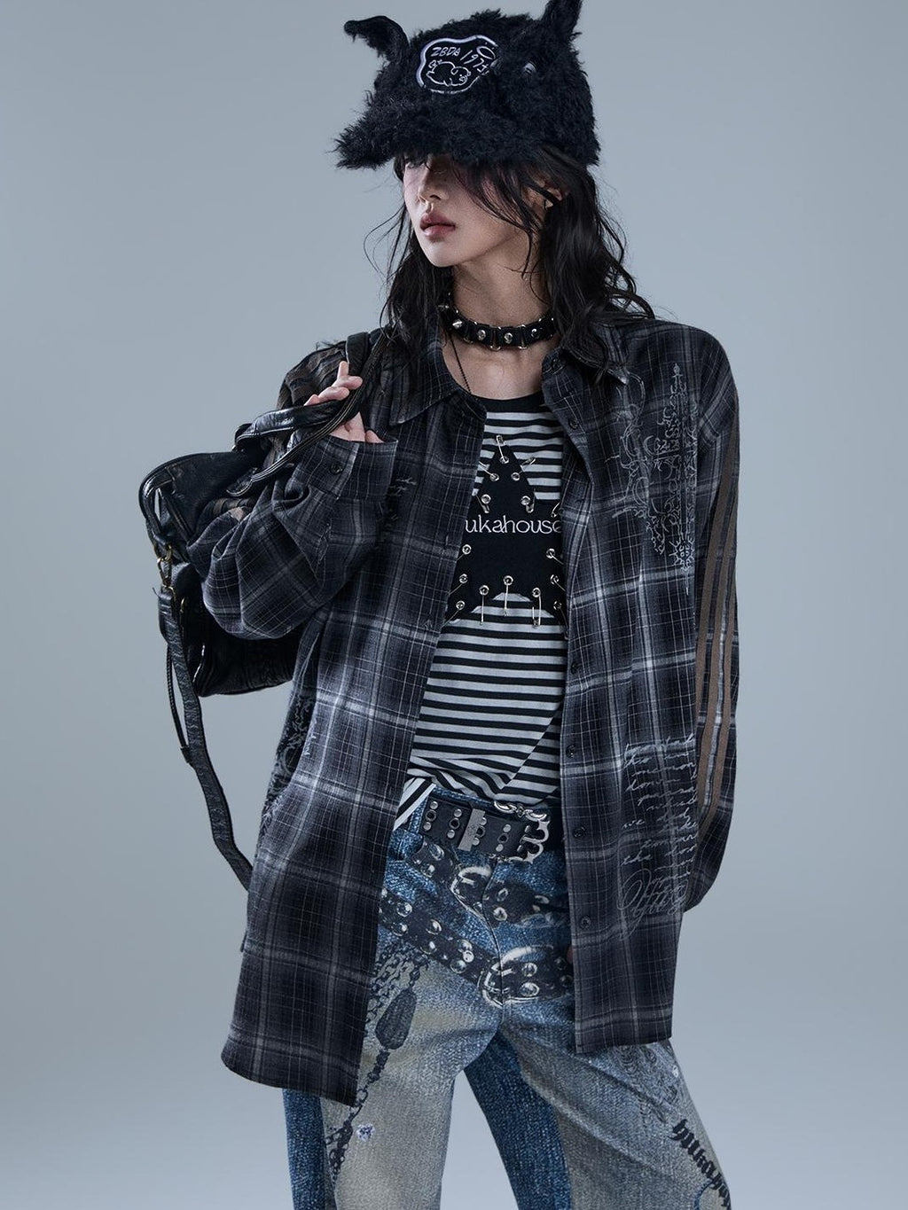 YUKAHOUSE Vintage Striped Plaid Print Patchwork Women's Polyester Long Sleeve Shirts