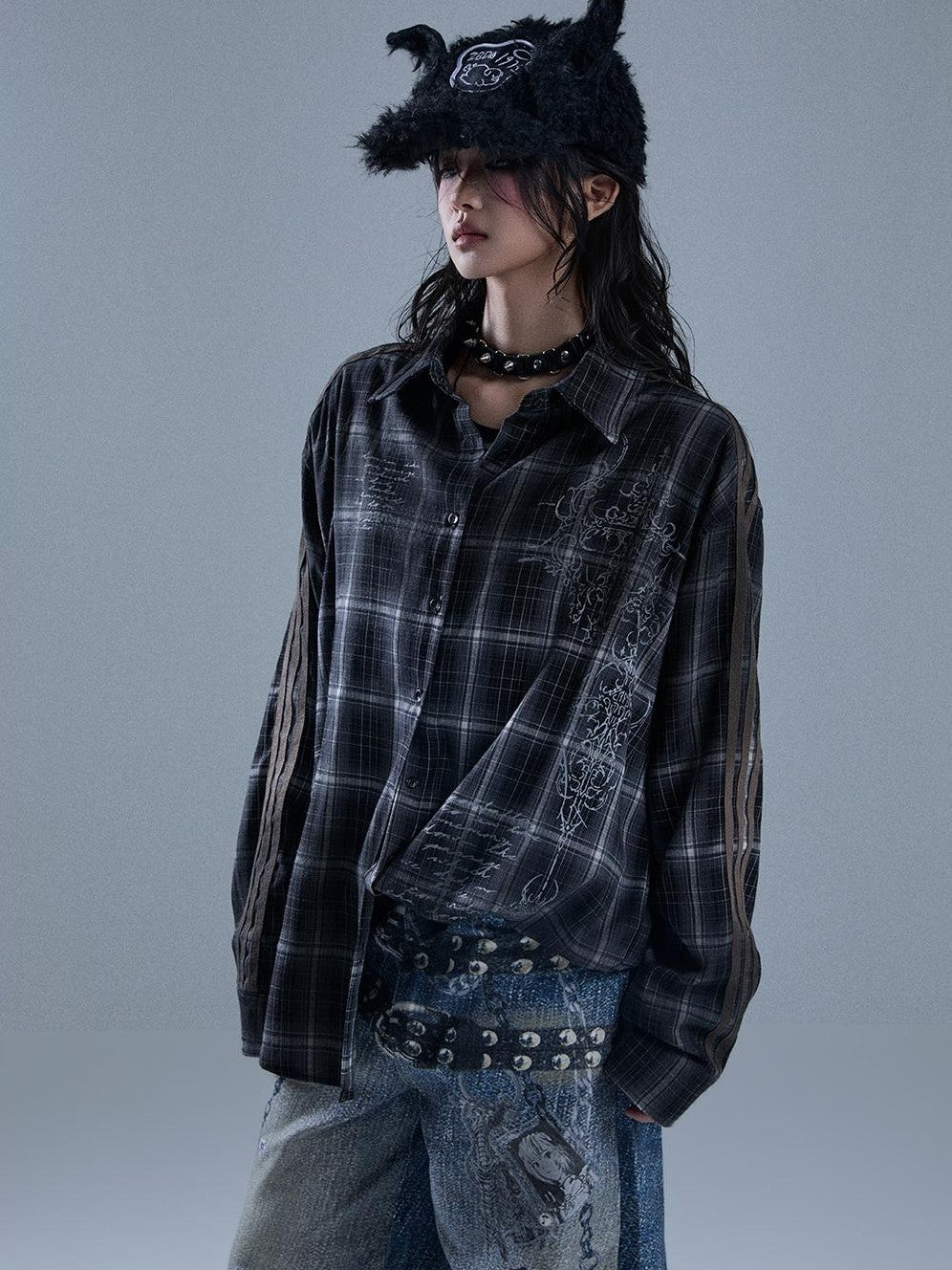 YUKAHOUSE Vintage Striped Plaid Print Patchwork Women's Polyester Long Sleeve Shirts