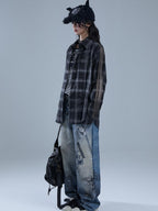 YUKAHOUSE Vintage Striped Plaid Print Patchwork Women's Polyester Long Sleeve Shirts