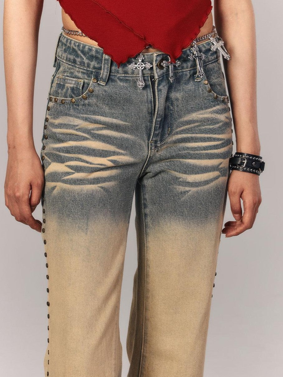 YUKAHOUSE Vintage Wash Distressed Low Rise Cotton Women's Straight Jeans