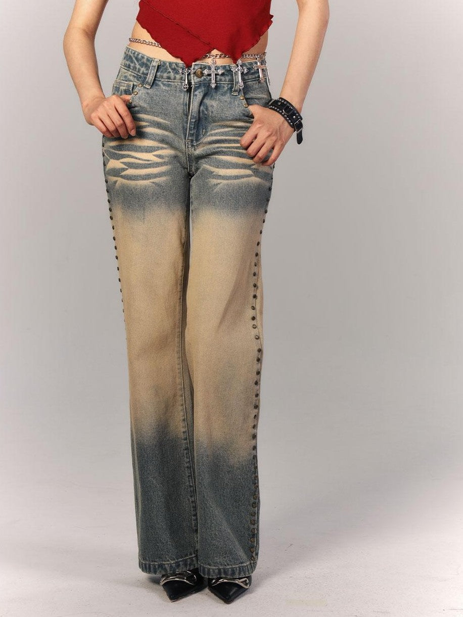 YUKAHOUSE Vintage Wash Distressed Low Rise Cotton Women's Straight Jeans