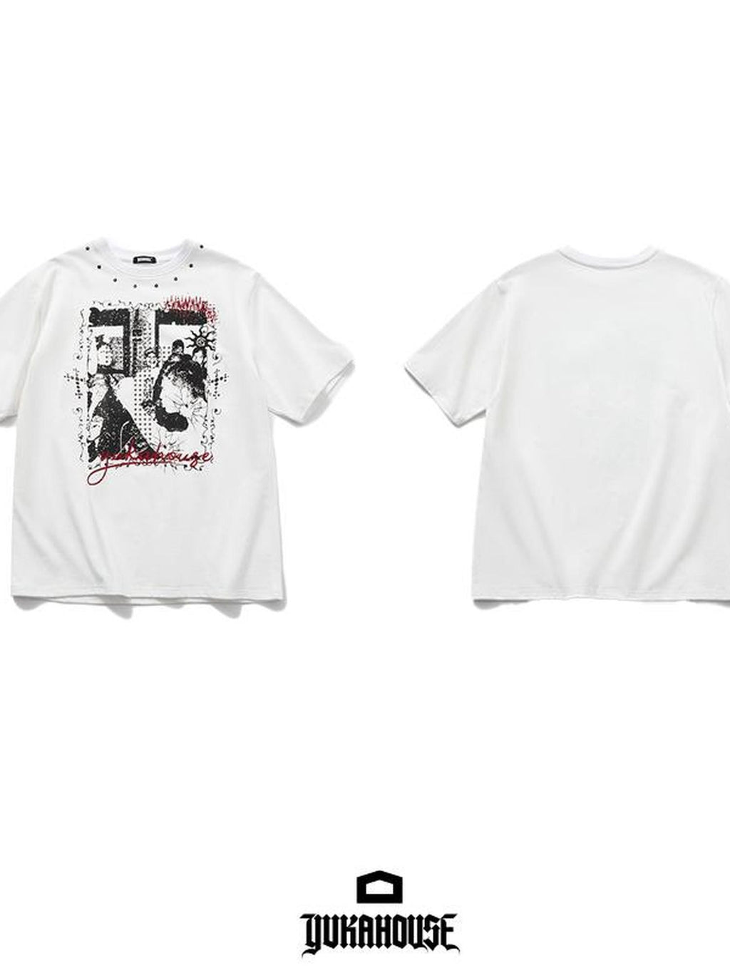 YUKAHOUSE Vintage Wash Graphic Studded Crew Neck Cotton Women's Short Sleeve T-shirts