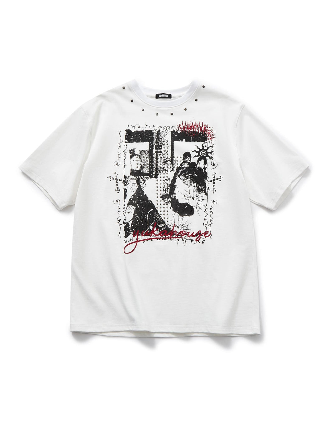 YUKAHOUSE Vintage Wash Graphic Studded Crew Neck Cotton Women's Short Sleeve T-shirts