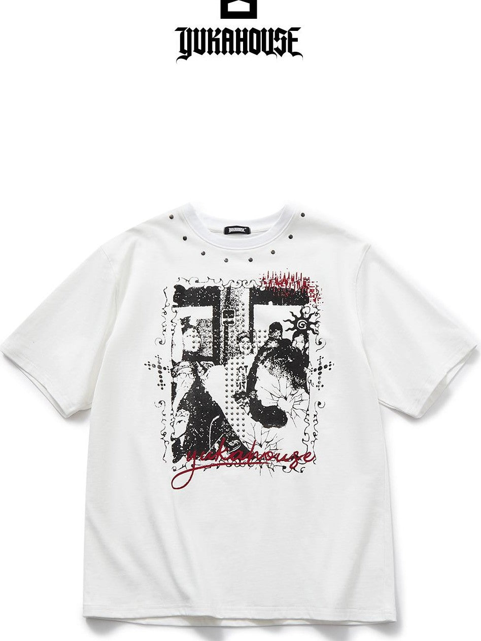 YUKAHOUSE Vintage Wash Graphic Studded Crew Neck Cotton Women's Short Sleeve T-shirts