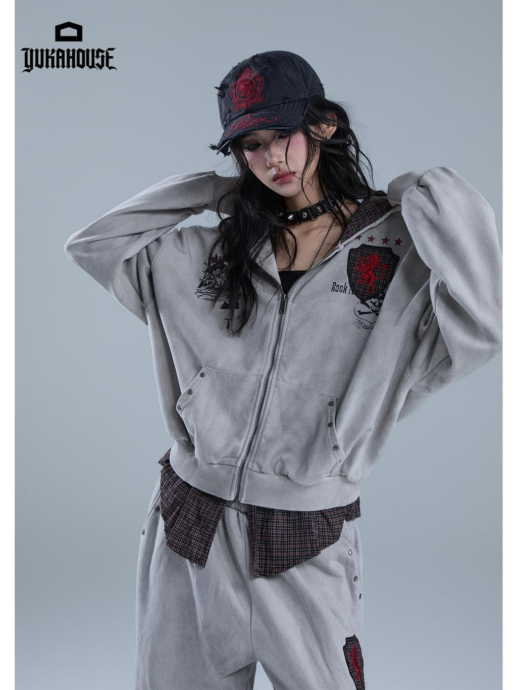 YUKAHOUSE Vintage Washed Print Faux Two Piece Zip Up Women's Cotton Hoodies