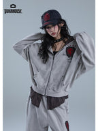 YUKAHOUSE Vintage Washed Print Faux Two Piece Zip Up Women's Cotton Hoodies