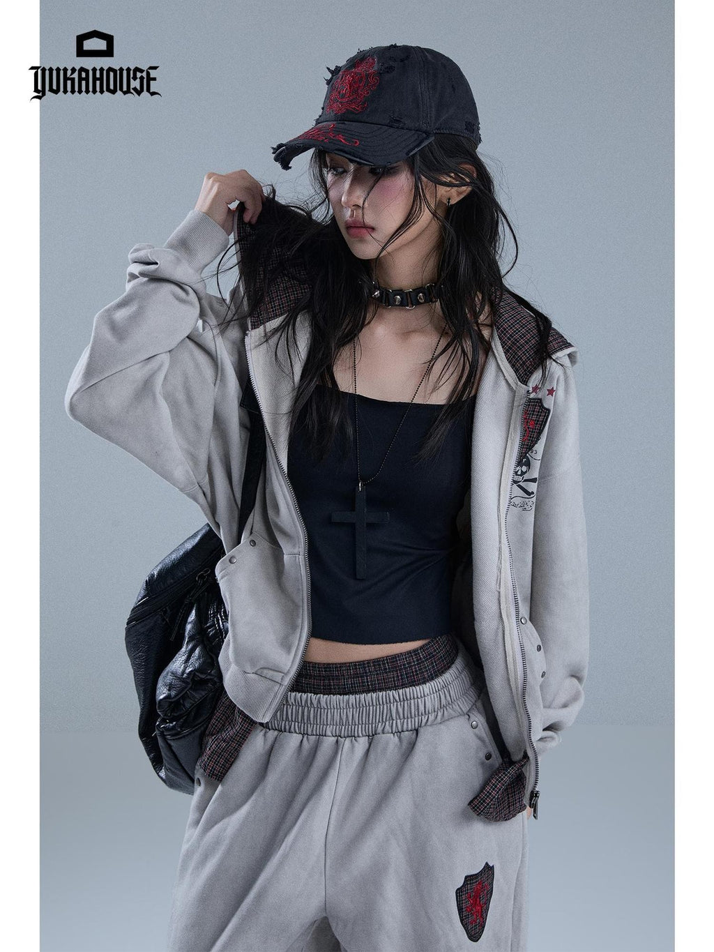 YUKAHOUSE Vintage Washed Print Faux Two Piece Zip Up Women's Cotton Hoodies
