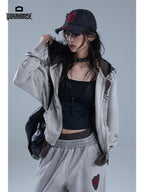 YUKAHOUSE Vintage Washed Print Faux Two Piece Zip Up Women's Cotton Hoodies