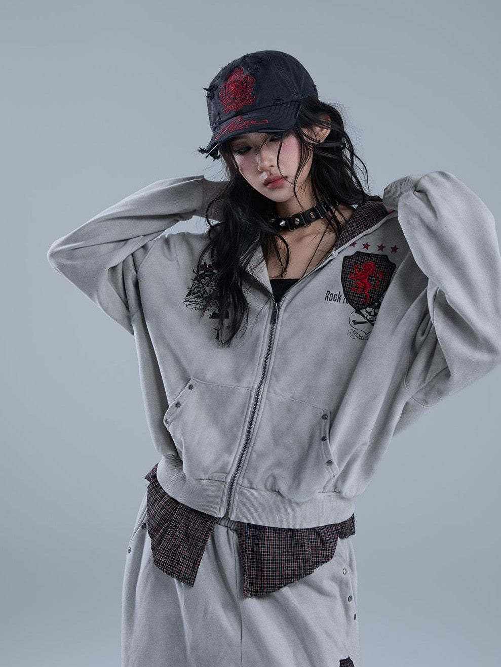 YUKAHOUSE Vintage Washed Print Faux Two Piece Zip Up Women's Cotton Hoodies
