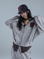 YUKAHOUSE Vintage Washed Print Faux Two Piece Zip Up Women's Cotton Hoodies