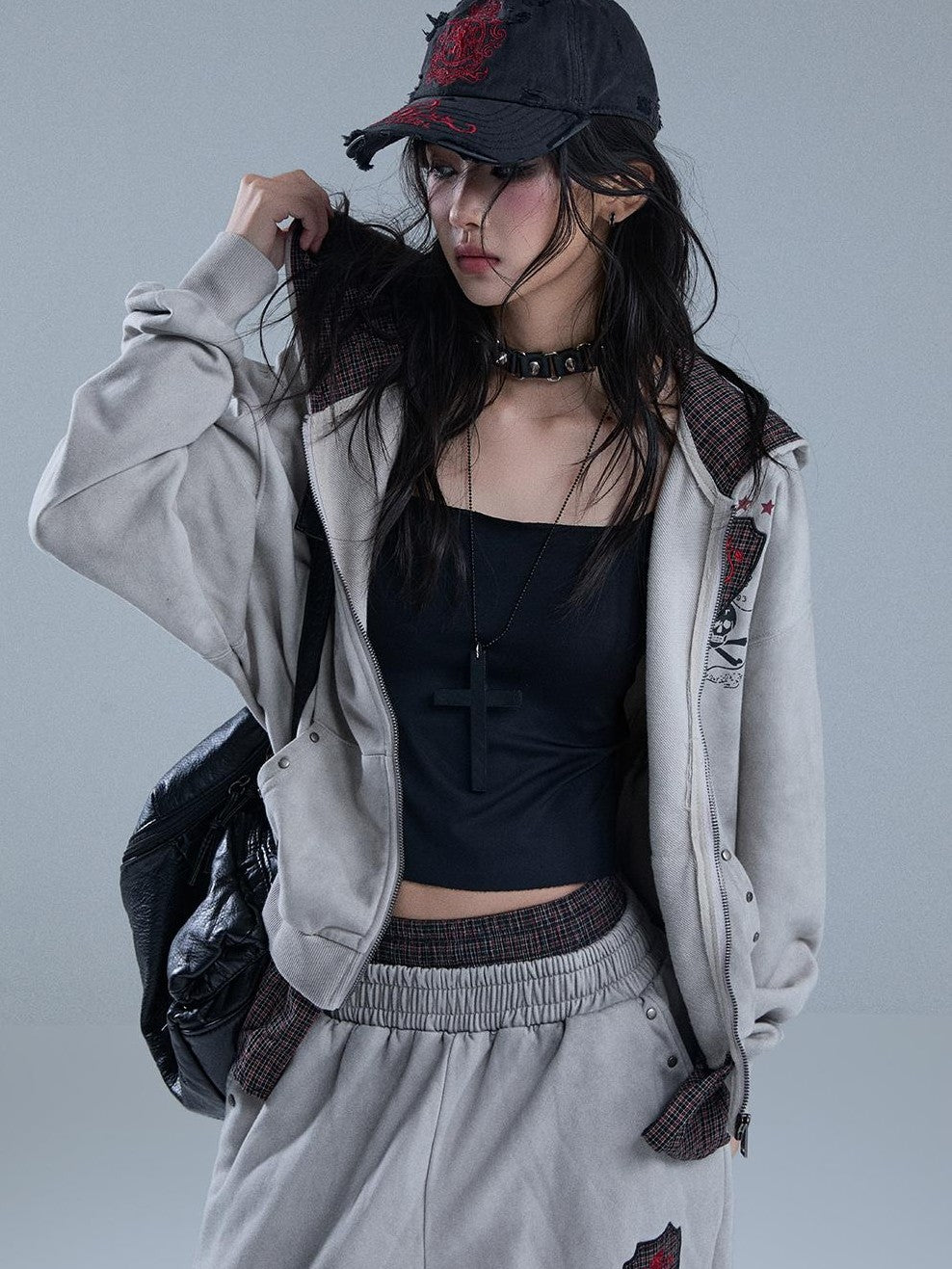 YUKAHOUSE Vintage Washed Print Faux Two Piece Zip Up Women's Cotton Hoodies