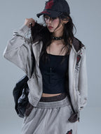YUKAHOUSE Vintage Washed Print Faux Two Piece Zip Up Women's Cotton Hoodies