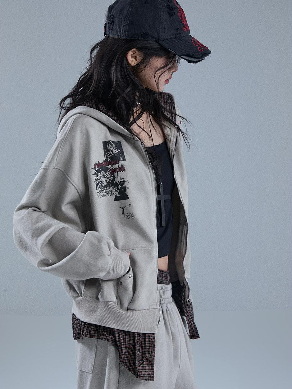 YUKAHOUSE Vintage Washed Print Faux Two Piece Zip Up Women's Cotton Hoodies