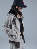 YUKAHOUSE Vintage Washed Print Faux Two Piece Zip Up Women's Cotton Hoodies