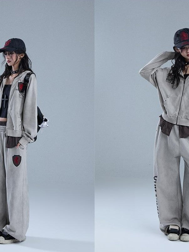 YUKAHOUSE Vintage Washed Print Faux Two Piece Zip Up Women's Cotton Hoodies