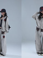 YUKAHOUSE Vintage Washed Print Faux Two Piece Zip Up Women's Cotton Hoodies