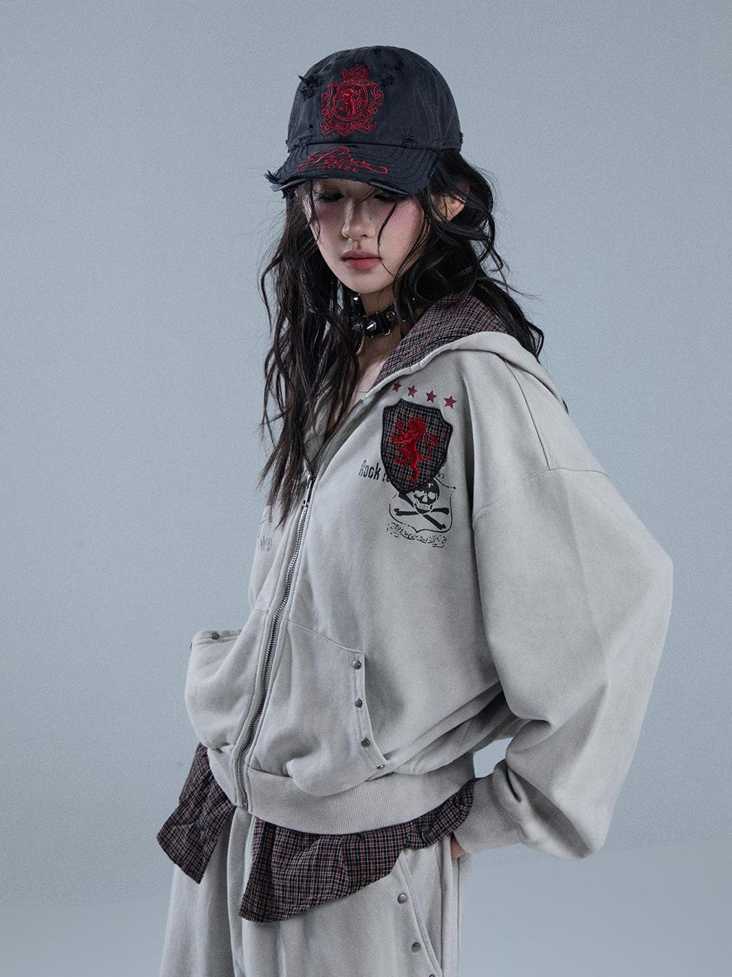 YUKAHOUSE Vintage Washed Print Faux Two Piece Zip Up Women's Cotton Hoodies