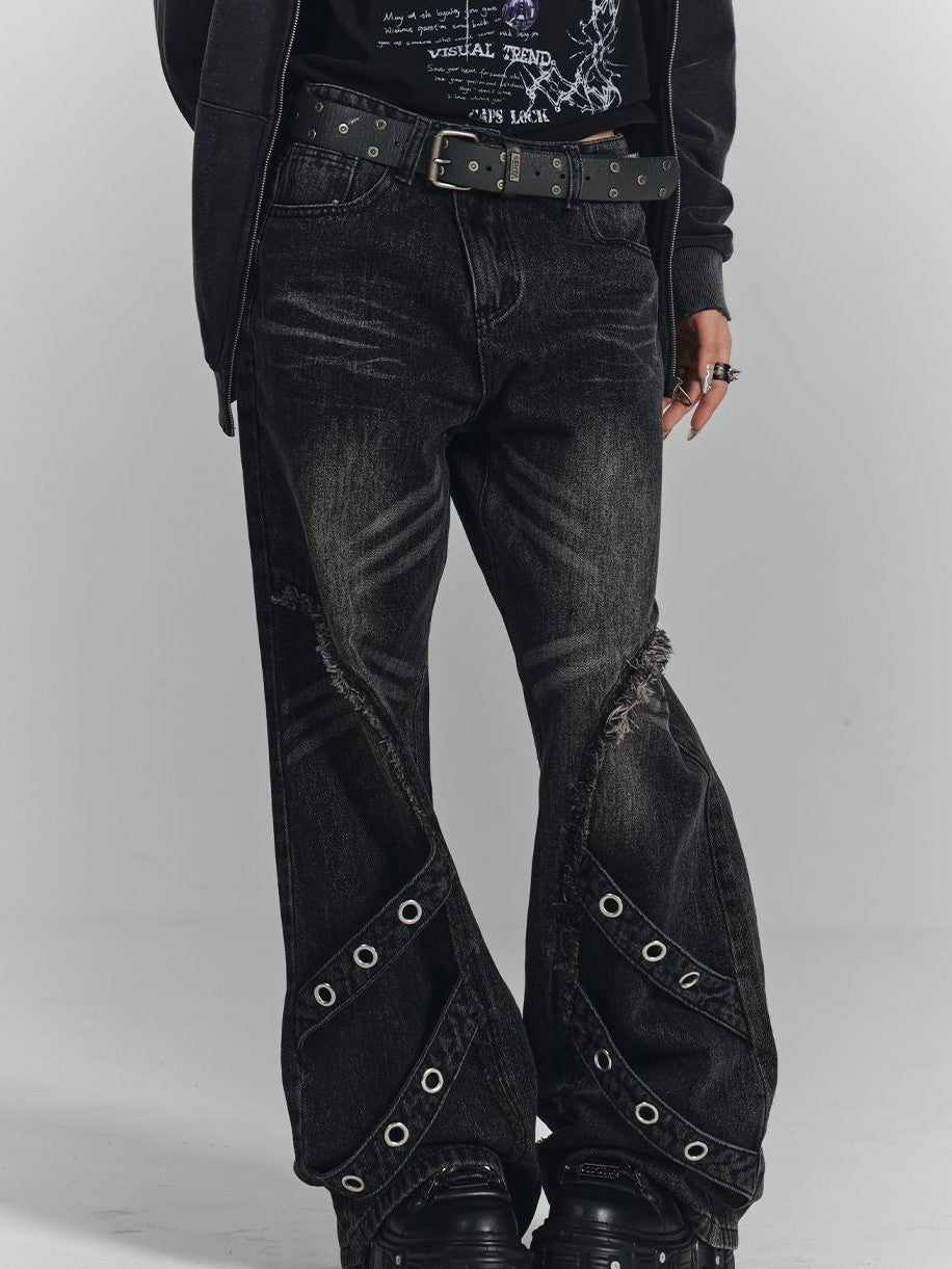 YUKAHOUSE Washed 3d Raw Trim Black Cotton Women's Straight Jeans
