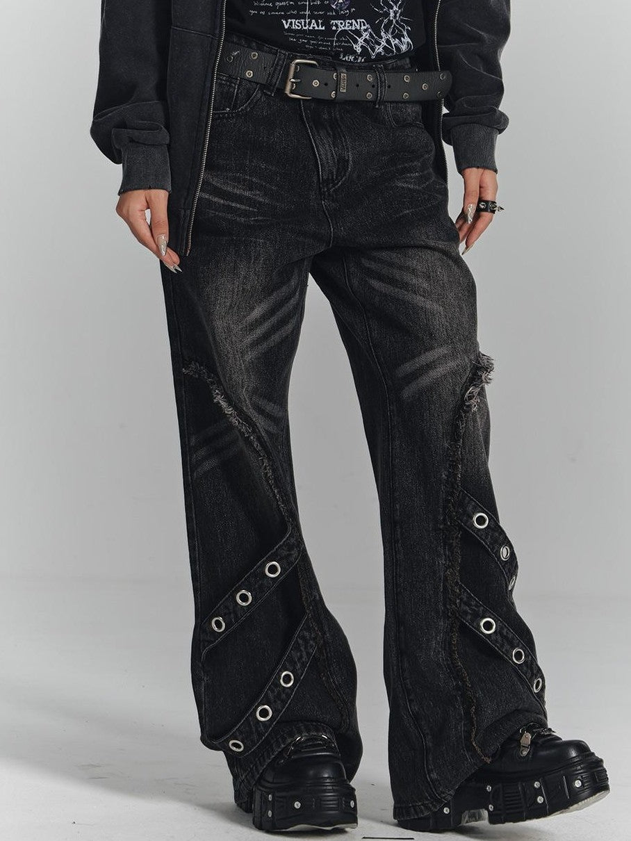YUKAHOUSE Washed 3d Raw Trim Black Cotton Women's Straight Jeans