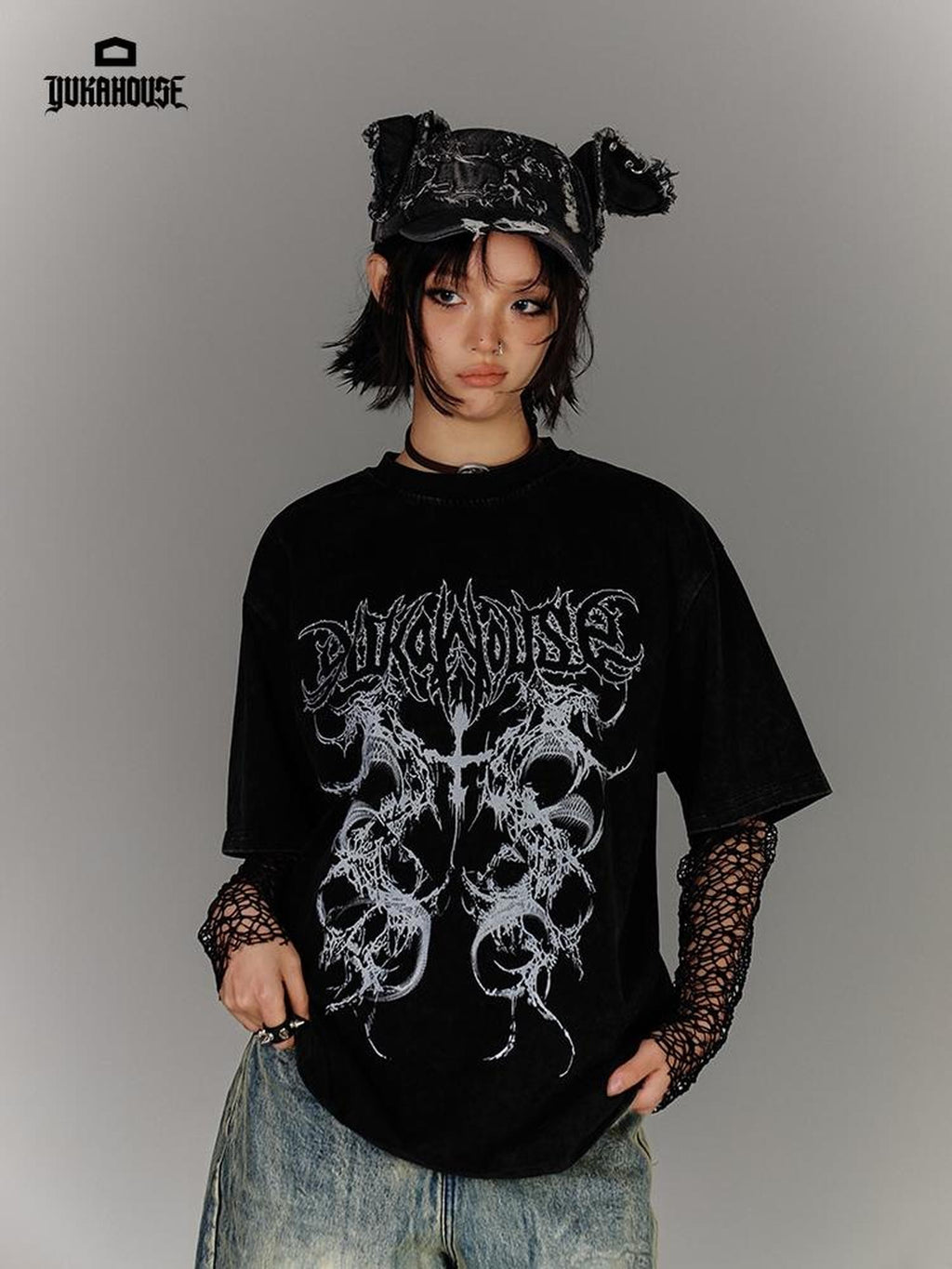 YUKAHOUSE Washed Distressed Loose American Punk Vintage Women's Cotton Short Sleeve T-shirts