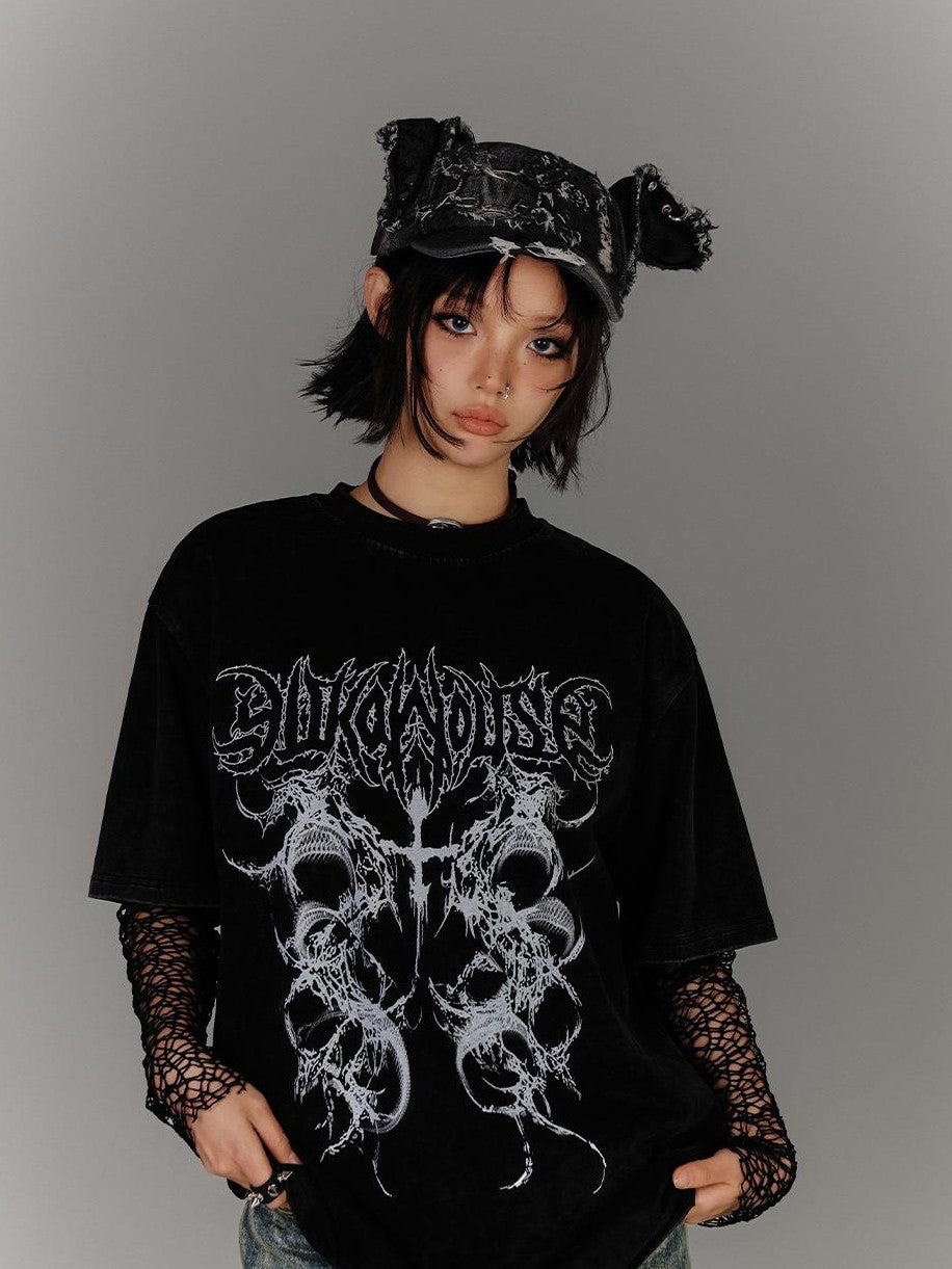 YUKAHOUSE Washed Distressed Loose American Punk Vintage Women's Cotton Short Sleeve T-shirts