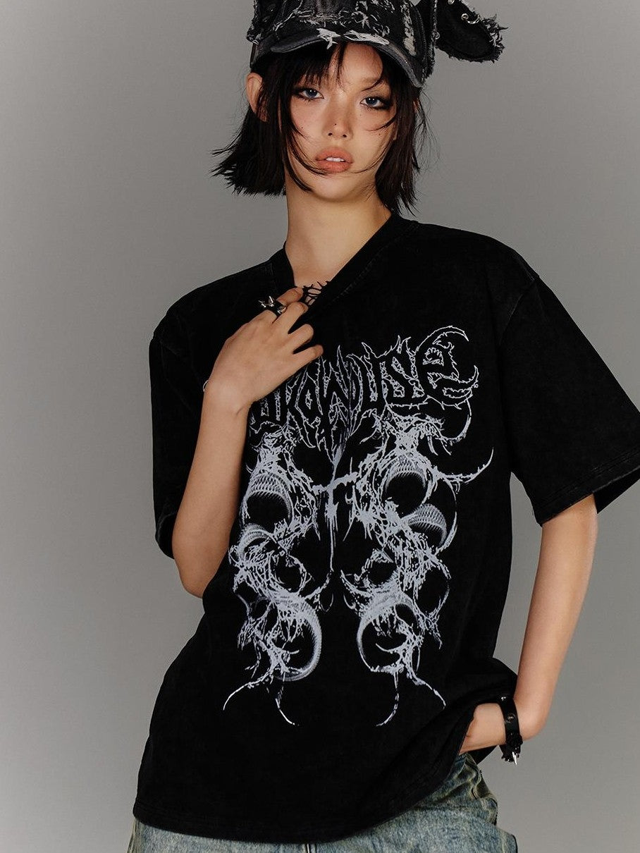 YUKAHOUSE Washed Distressed Loose American Punk Vintage Women's Cotton Short Sleeve T-shirts