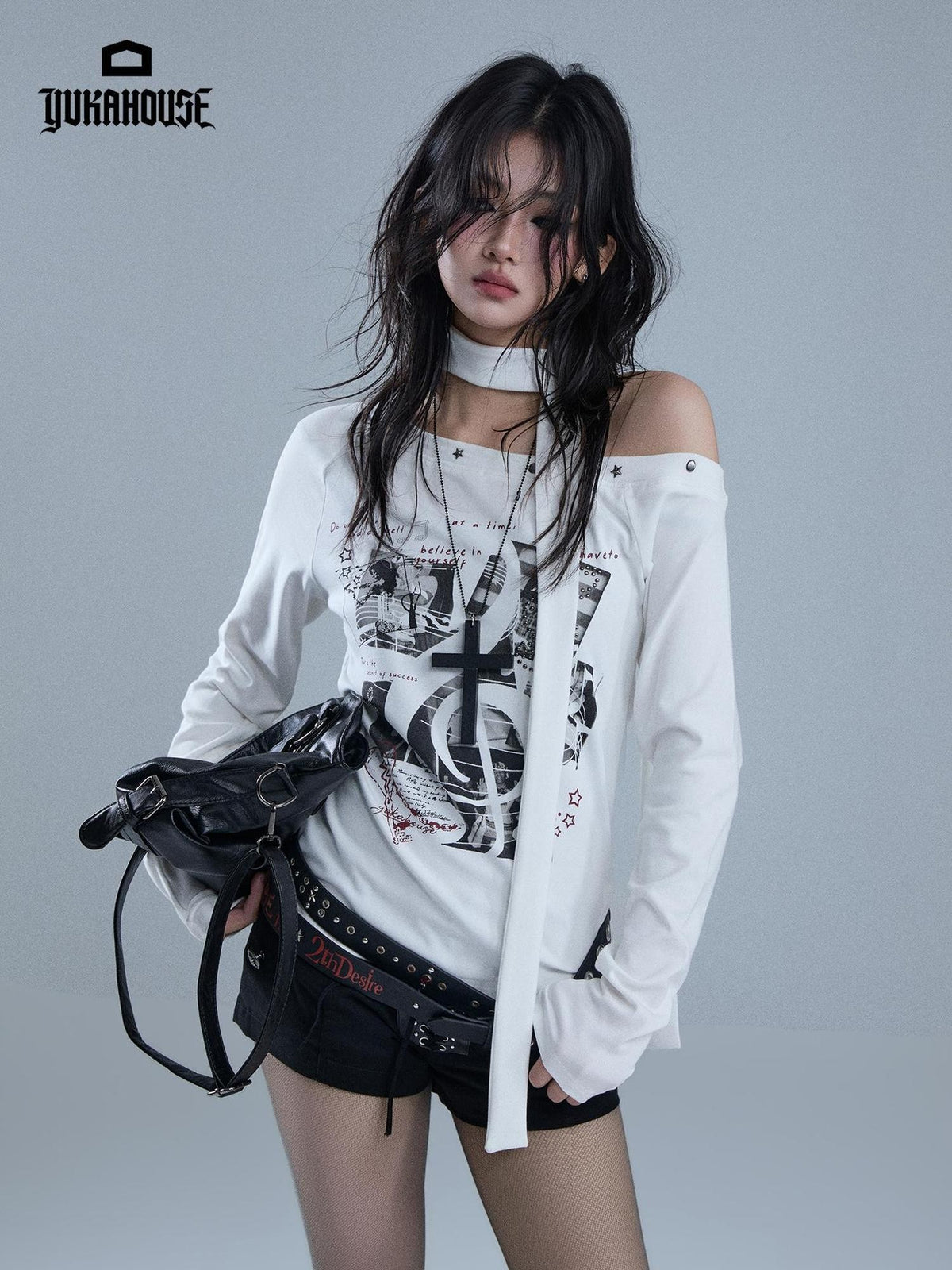 YUKAHOUSE White Asymmetric Neck Print Cotton Women's Slim Fit Long Sleeve T-shirts
