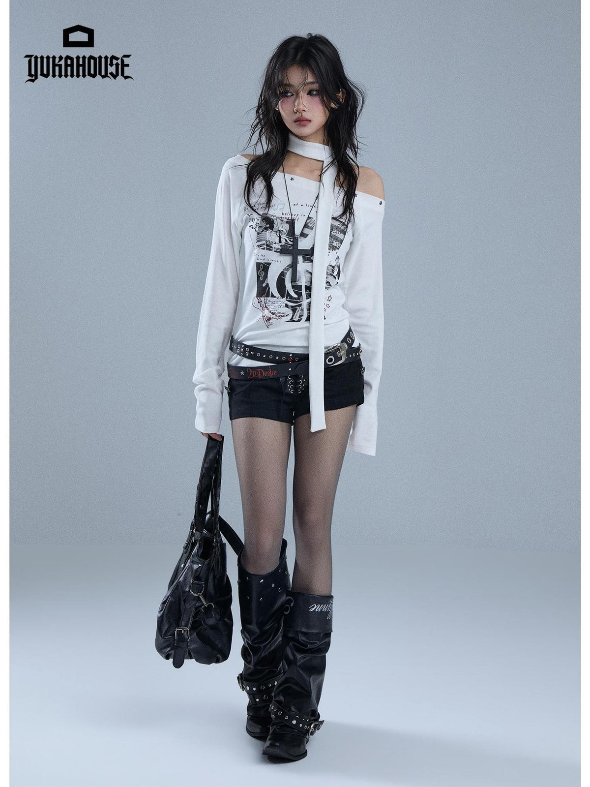 YUKAHOUSE White Asymmetric Neck Print Cotton Women's Slim Fit Long Sleeve T-shirts