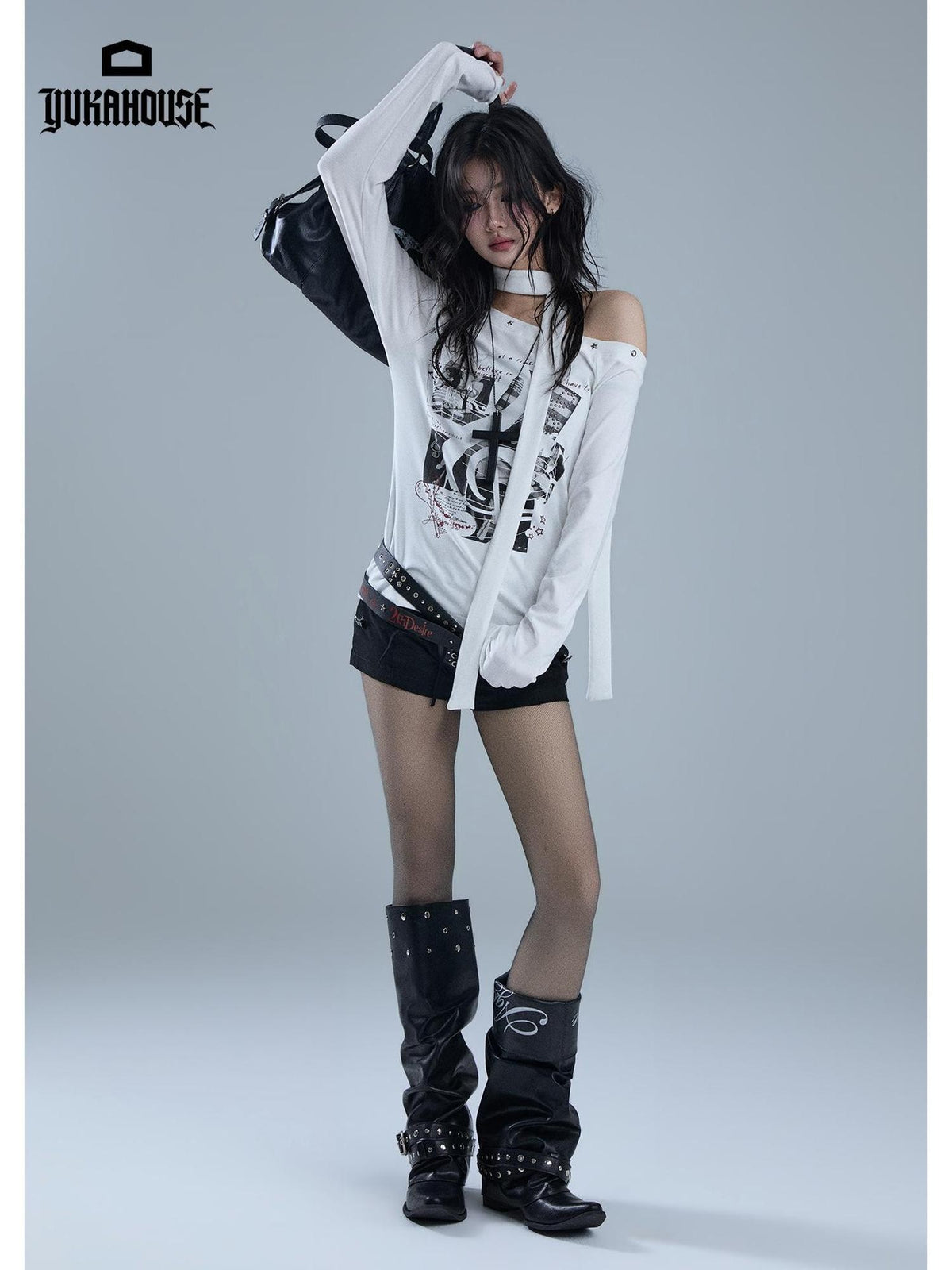 YUKAHOUSE White Asymmetric Neck Print Cotton Women's Slim Fit Long Sleeve T-shirts