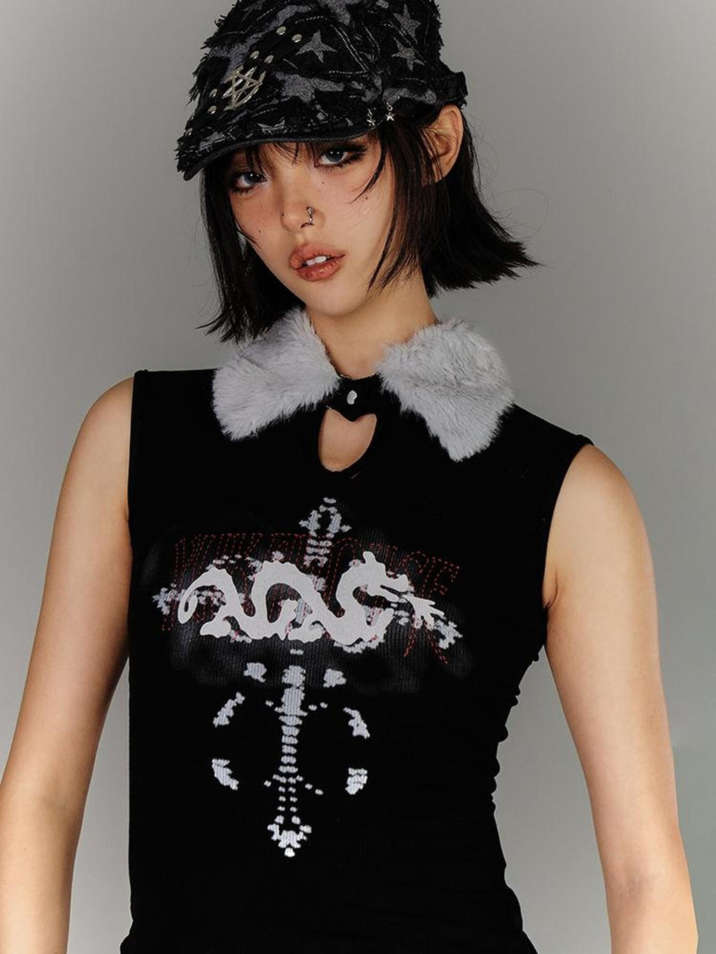 YUKAHOUSE Y2k Faux Fur Collar Slim Fit Cotton Women's Tank Tops