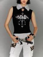 YUKAHOUSE Y2k Faux Fur Collar Slim Fit Cotton Women's Tank Tops