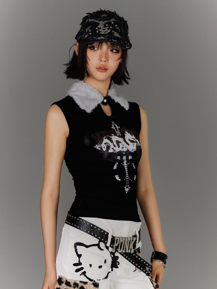 YUKAHOUSE Y2k Faux Fur Collar Slim Fit Cotton Women's Tank Tops