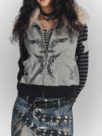 YUKAHOUSE Y2k Faux Fur Trim Zip Up Spliced Loose Fit Cotton Women's Hoodies