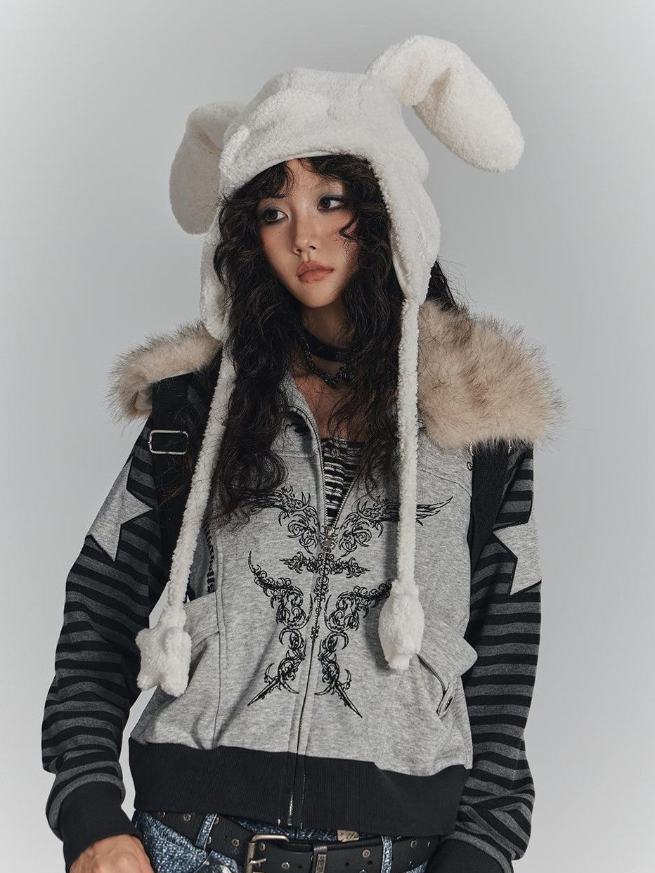 YUKAHOUSE Y2k Faux Fur Trim Zip Up Spliced Loose Fit Cotton Women's Hoodies