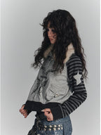 YUKAHOUSE Y2k Faux Fur Trim Zip Up Spliced Loose Fit Cotton Women's Hoodies