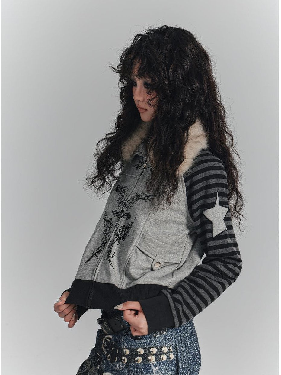 YUKAHOUSE Y2k Faux Fur Trim Zip Up Spliced Loose Fit Cotton Women's Hoodies